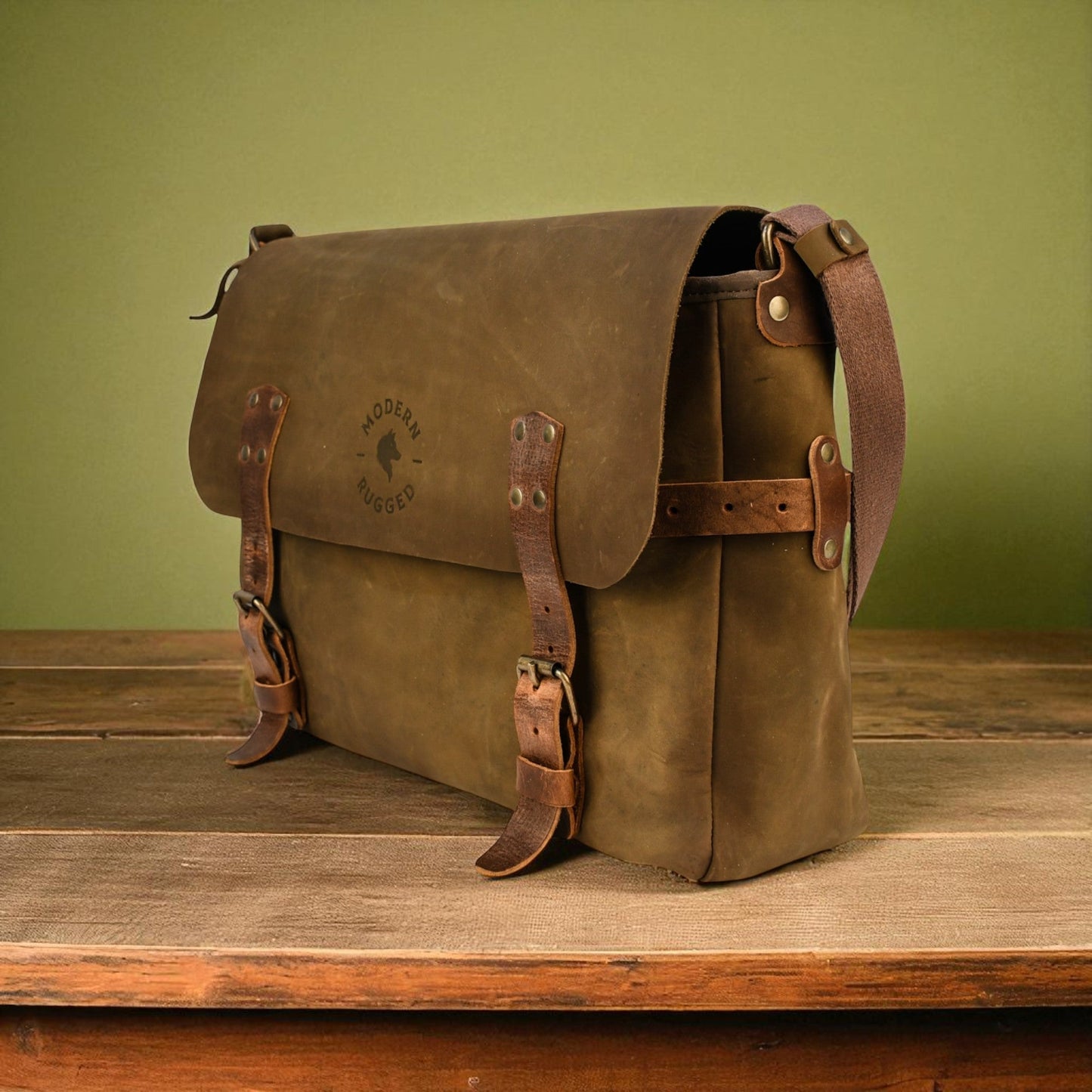Bovine Leather Buckled Messenger Bag - Olive