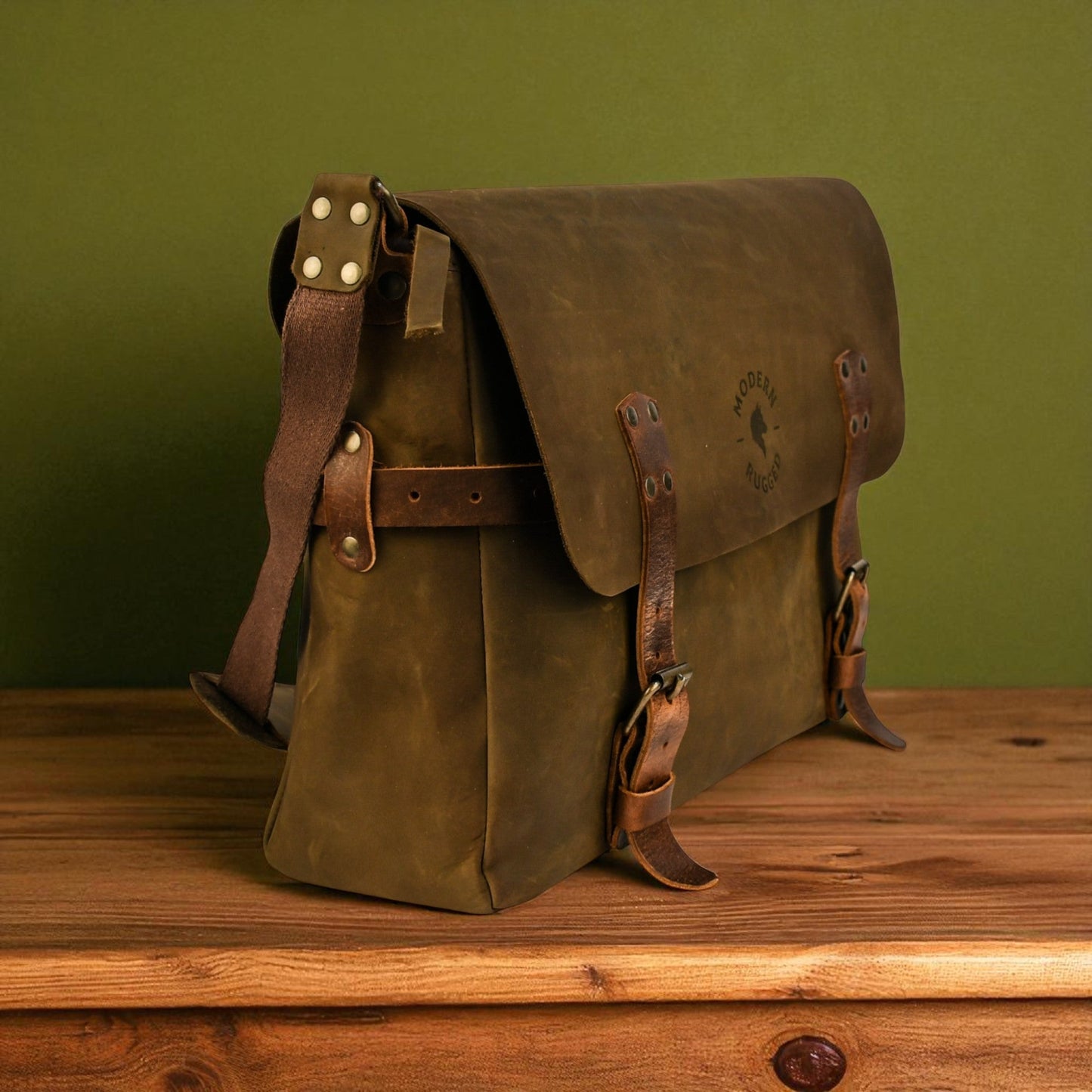 Bovine Leather Buckled Messenger Bag - Olive