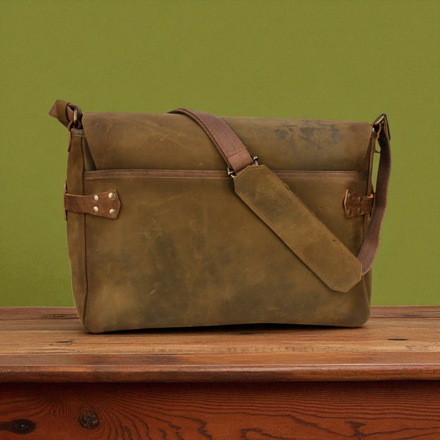 Bovine Leather Buckled Messenger Bag - Olive