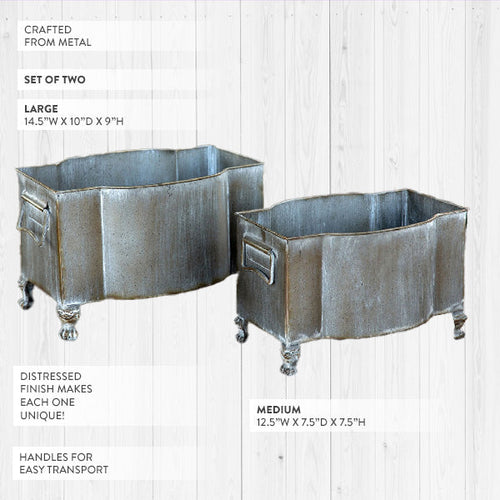 Aged Metal Footed Planters, Set of Two
