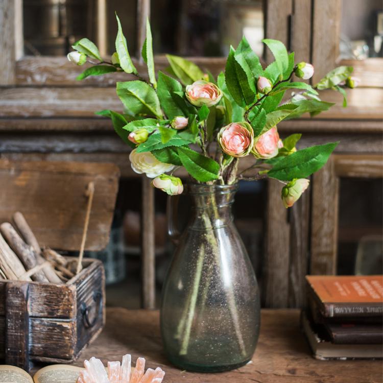 Silk Camellia Flower Leaf Stem in Champagne Pink or Purple