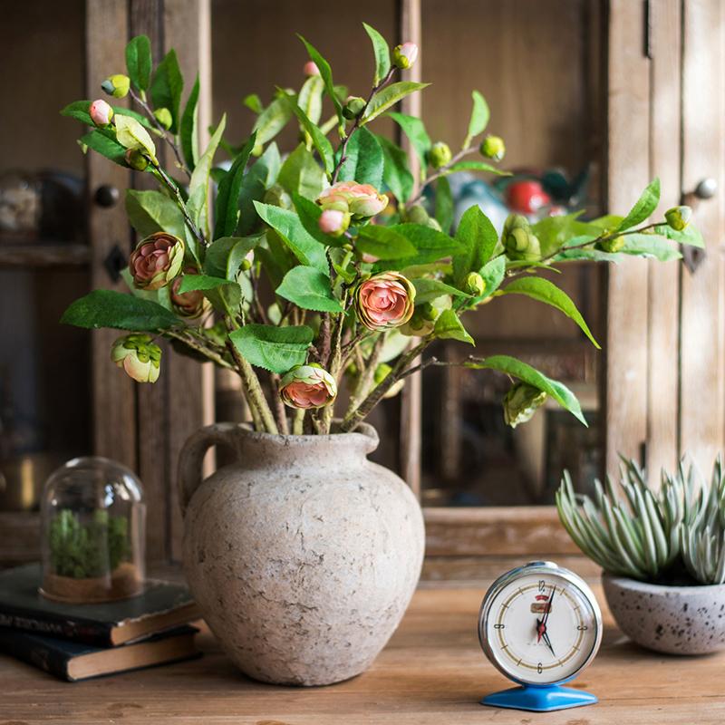 Silk Camellia Flower Leaf Stem in Champagne Pink or Purple