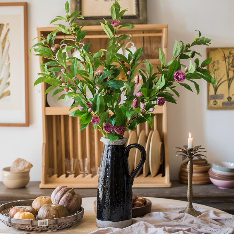 Silk Camellia Flower Leaf Stem in Champagne Pink or Purple