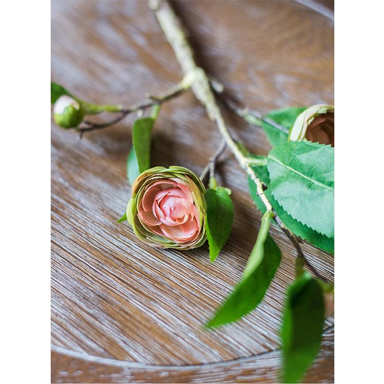 Silk Camellia Flower Leaf Stem in Champagne Pink or Purple