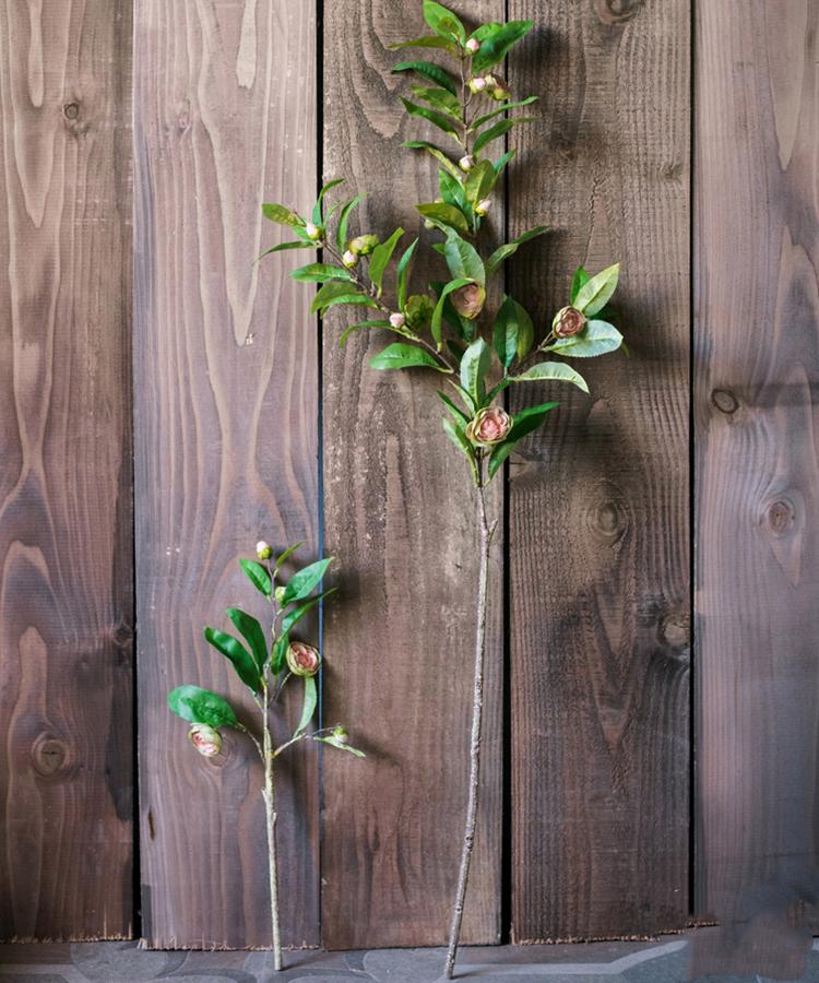 Silk Camellia Flower Leaf Stem in Champagne Pink or Purple