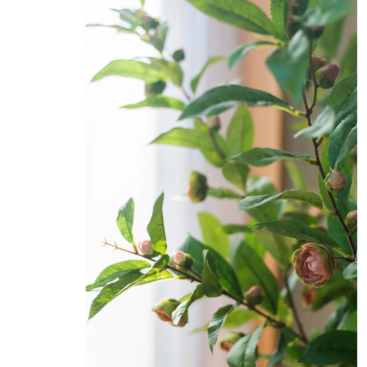 Silk Camellia Flower Leaf Stem in Champagne Pink or Purple