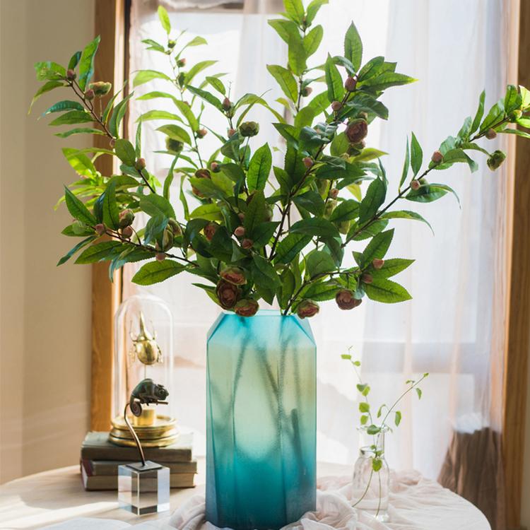 Silk Camellia Flower Leaf Stem in Champagne Pink or Purple