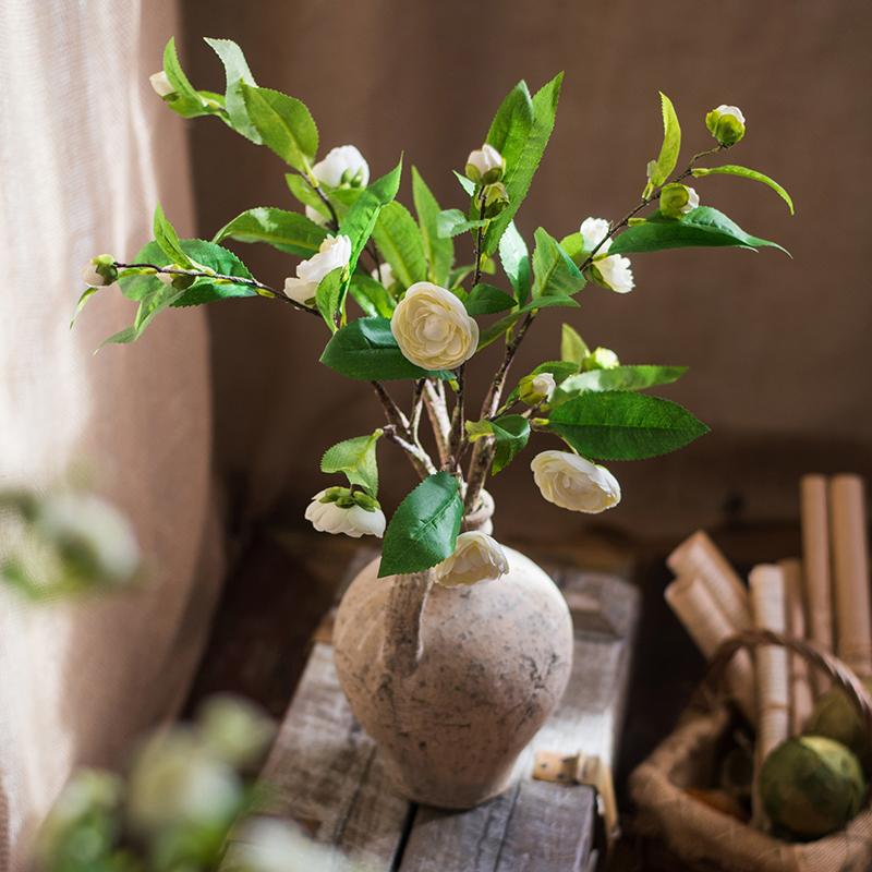Faux Silk Camellia Flower Leaf Stem in Green or White
