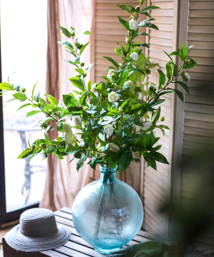 Faux Silk Camellia Flower Leaf Stem in Green or White