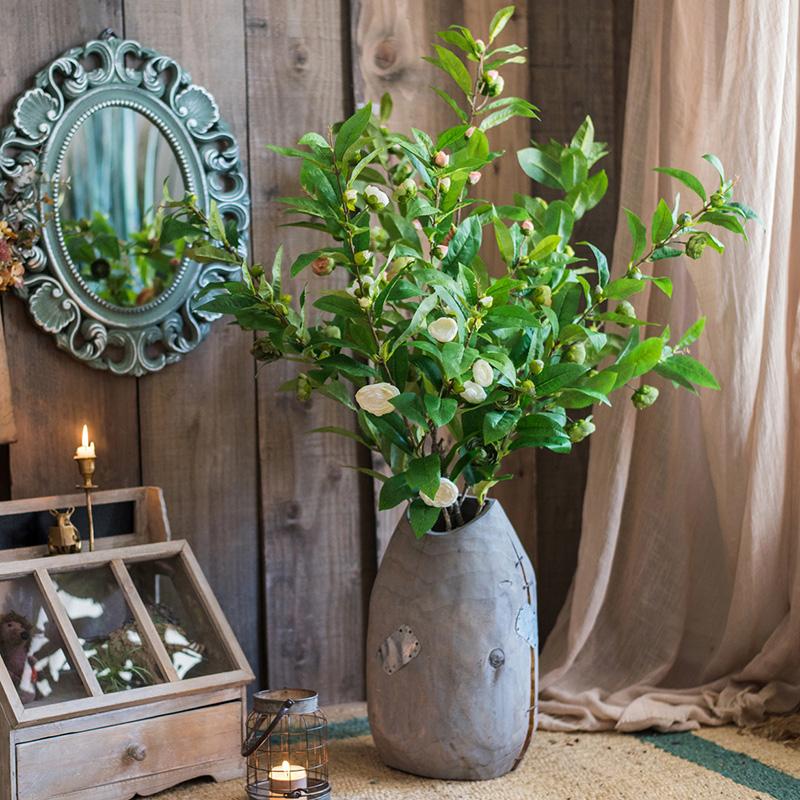 Faux Silk Camellia Flower Leaf Stem in Green or White