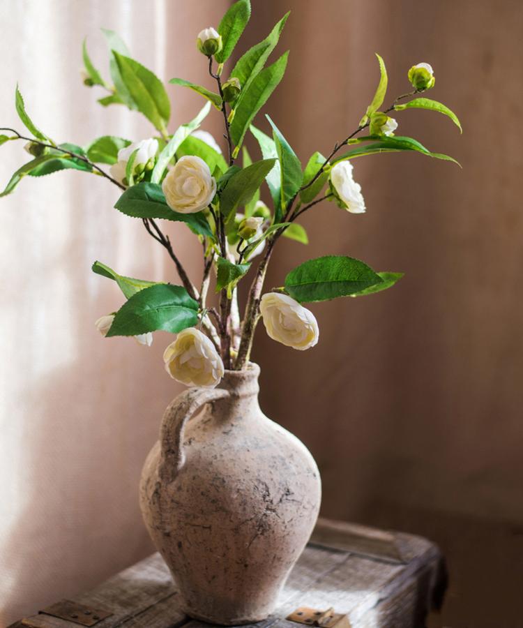 Faux Silk Camellia Flower Leaf Stem in Green or White